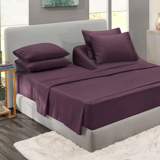 Clara Clark Flex Top King Sheets, 6 Piece Set - Hotel Luxury Sheets for Top Split King Bed, Super Soft Bedding Set, Head Split King Eggplant Purple