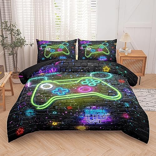 MWMWMW Gaming Comforter Sets for Boys Girls, 5 Piece Bed in a Bag Twin, Boys Twin Bedding Sets for Kids, Gamer Bedding Sets with 1 Comforter, 2 Pillowcases, and 1 Flat Sheet, 1 Fitted Sheet