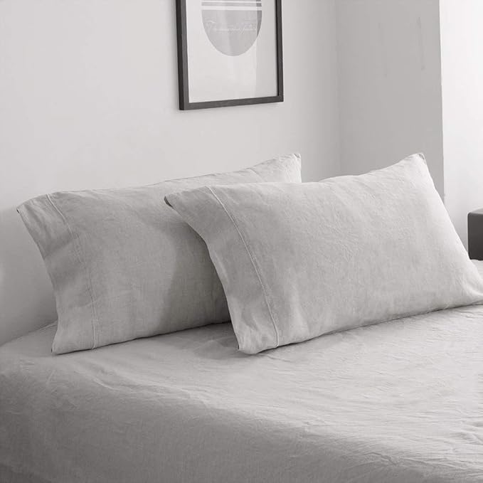 Simple&Opulence 100% French Linen Pillowcase Queen Size-Set of 2- Washed Solid Color Pillow Cases Embroidered -Soft and Durable (Grey, 20''x30'')