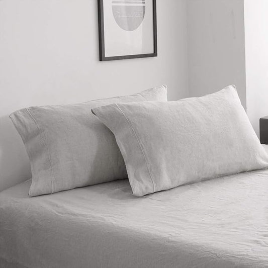 Simple&Opulence 100% French Linen Pillowcase King Size-Set of 2- Washed Solid Color Pillow Cases Embroidered -Soft and Durable (Grey, 20''x40'')