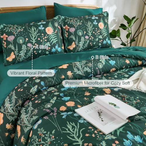 King Size Comforter Set 7 Piece, Forest Green Floral Bedding Set All Season