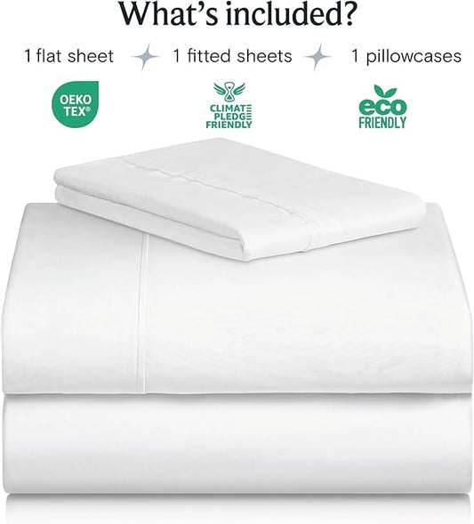LuxClub 3 PC Twin Sheet Set, Deep Pockets Wrinkle Free Cooling Bed Sheets Hotel Bedding for Women, Men, Kids & Teens, Includes 1 Fitted Sheet, 1 Flat Sheet and 1 Pillowcase-Silky Soft White