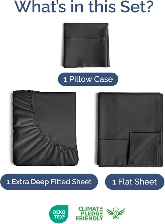 Extra Deep Pocket Twin Size Sheet Set - 3 Piece Breathable & Cooling Bed Sheets - Hotel Luxury Bedding with 16 to 21 inch Extra Deep Pockets - Ultra-Soft, Fade & Wrinkle Resistant - Oeko-Tex - Black