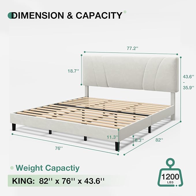 Novilla King Bed Frame and Headboard, King Bed Frame, Velvet Upholstered Bed Frames, No Box Spring Needed, Heavy Duty Feet, Easy Assembly, White Velvet