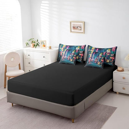 Feelyou Japanese Art Comforter Set 7 Pieces Queen Size Tokyo Anime Bedding Set for Boys Girls Japan Night City Bed in a Bag with Comforter, Sheets, Pillowcases & Cushion Covers