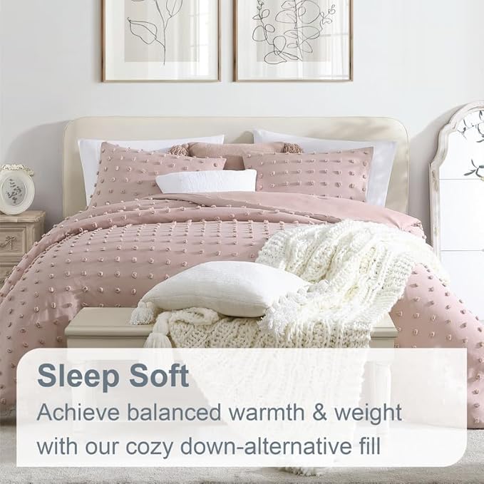 Swift Home Full/Queen Blush Comforter Set - Decorative Tufted Pom Poms Bedding Set - 3 Pieces Bed Linen, 1 Comforter and 2 Pillow Shams