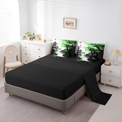 Erosebridal Japanese 7 Piece Bed in A Bag King Sun Cherry Blossom Comforter Set with Sheets Watercolor Black Green Pavilions Mountain Sakura Floral Bedding Set for Kids Adults Chinese Ink Bed Set