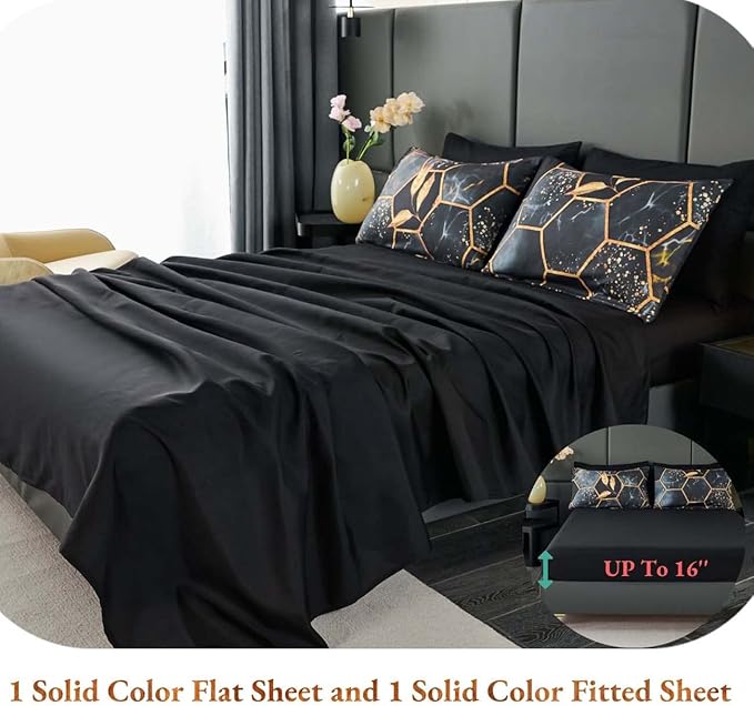 ANGIYUIN Geometric Black Queen Comforter Set, 7 Pieces Modern Foil Print Decor Gold Trim Bed in A Bag, Ultra Soft Lightweight Duvet Insert for All Season (Black Queen)