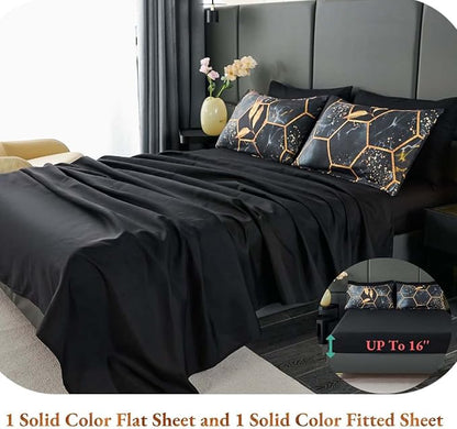 ANGIYUIN Black King Size Comforter Set Geometric Comforter 7Pcs Foil Print Bed in A Bag Marble Bedding Comforter Sets 3D Honeycomb Hexagon Decor Gold Trim Bed Set for Women Men (Black King)