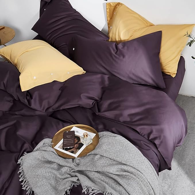 EAVD Modern Style Dark Purple Duvet Cover King Soft Cotton Reversible Purple Bedding with 2 Button Pillowcases Luxury Solid Color Dark Purple Comforter Set with Zipper Closure