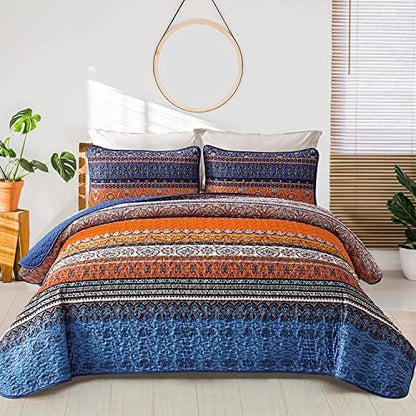 WONGS BEDDING Boho Full Quilt Bedding Set, 3 Pieces Bedspread, Blue Orange