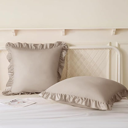 KKJIAF Ruffle Pillow Cases 24x24 Inches, Khaki Square Ruffled Pillow Covers Set of 2, Microfiber Wrinkle Resistant Pillow Shams with Envelope Closure for Sofa Bed Living Room