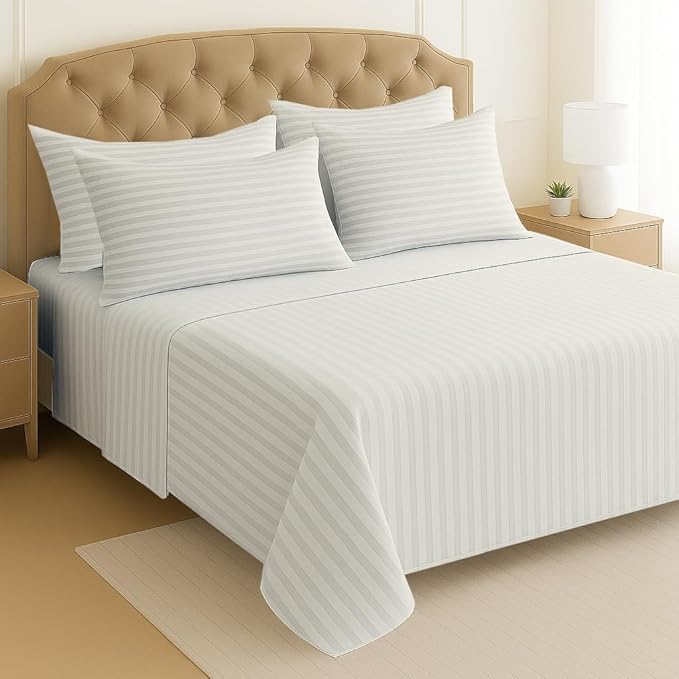Mattress-Homes Premium Collection, 7 PC Split Sheet Set, 100% Egyptian Cotton Crisp Fits Mattress Up to 18" DEEP Pocket, King Size, Machine Wash, Extra-Soft Breathable Sheets in Ivory Stripe