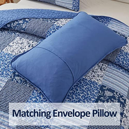 Mybedsoul King Size Quilt, Boho Patchwork Floral Bedding Set, Blue