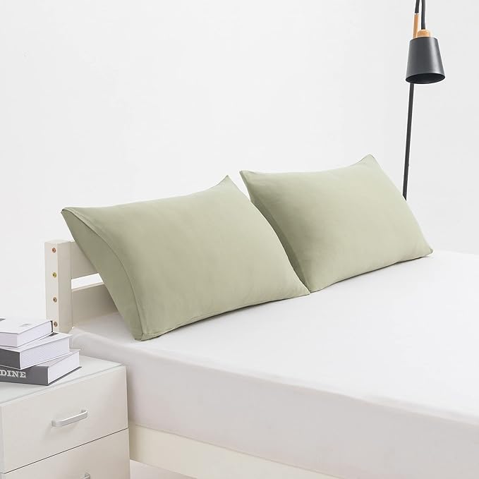 2-Pack Stretch Pillow Cases - Jersey Knit & Envelope Closure Pillowcases with Ultra Soft T-Shirt Like Polyester Blend - Suitable for Queen or Standard Size Set of 2, Sage Green