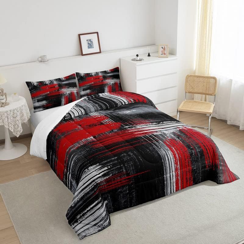 Red Black and Grey Comforter Geometric Artistic Smear Comforter Set Abstract Graffiti Art Bedding Set Contemporary Modern Brush Design Duvet Set Room Decor Quilt Set Full Size