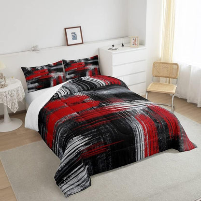 Red Black and Grey Comforter Geometric Artistic Smear Comforter Set Abstract Graffiti Art Bedding Set Contemporary Modern Brush Design Duvet Set Room Decor Quilt Set Full Size