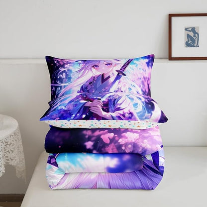 Erosebridal Anime Girl Twin Comforter Set for Kids, Kawaii Japanese Anime Bedding Set Cartoon Girl Duvet Insert Sci Fi Style Japanese Animation Quilt for Kids Girls Teens Adult Bedroom