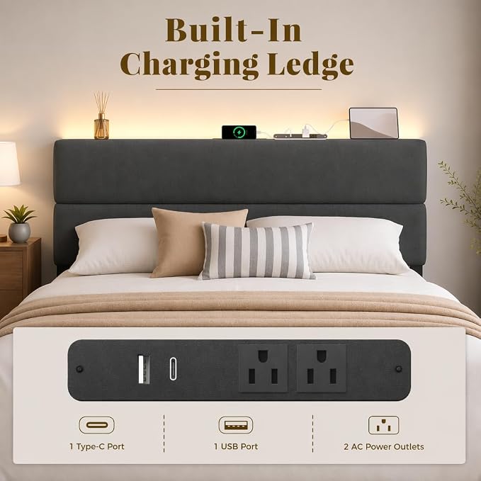 Queen Bed Frame with 2 Storage Drawers, Grey Velvet Upholstered | Platform Bed with Charging Ledge, LED Headboard Lighting, Metal Support, Noise Free, No Box Spring Needed, Easy Assembly