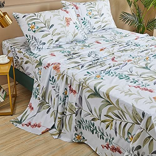 FADFAY Floral Leaves Sheet Set Full, Premium 100% Cotton 600 TC Green Leaf & Teal Flower Watercolor Farmhouse Bedding, Super Soft Breathable Deep Pocket Bed Sheets Set, 4-Piece Full Size