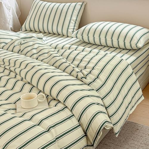 NSNLGSGC Sage Green Retro Striped Duvet Cover Set, Full