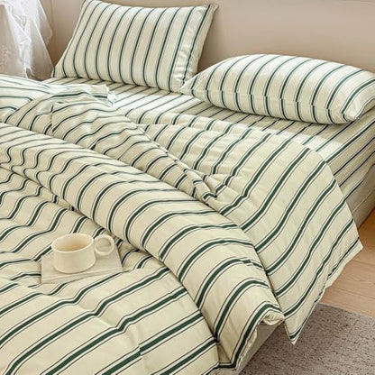 NSNLGSGC Sage Green Retro Striped Duvet Cover Set, Full