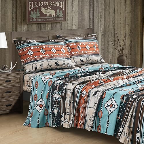 Chezmoi Collection 4-Piece Southwestern Cowboy Rodeo Sheet Set Queen Size - Multicolor Blue Brown Beige Clay Printed Brushed Microfiber Lightweight Breathable Deep Pocket Bed Sheets