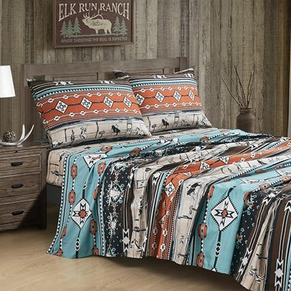 Chezmoi Collection 4-Piece Southwestern Cowboy Rodeo Sheet Set Queen Size - Multicolor Blue Brown Beige Clay Printed Brushed Microfiber Lightweight Breathable Deep Pocket Bed Sheets