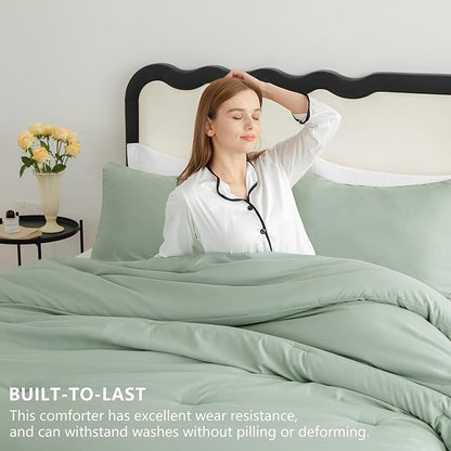 CozyLux King Size Comforter Set Sage Green, 3 Pieces Solid Comforters King Size Breathable Quilted Bedding Sets, Luxury Soft Lightweight Bed Set with Down Alternative Comforter and 2 Pillowcases