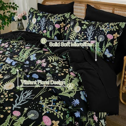 Black Green Floral Comforter Set Queen Size, 7 Piece Botanical Bedding Set
