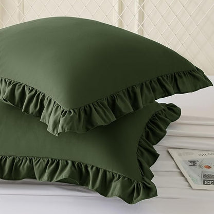 KKJIAF Ruffle Pillow Cases 26x26 Inches, Olive Green Square Ruffled Pillow Covers Set of 2, Microfiber Wrinkle Resistant Pillow Shams with Envelope Closure for Sofa Bed Living Room