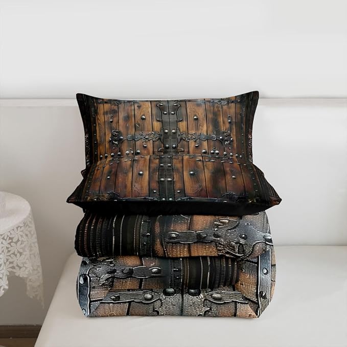 Medieval Themed Boys Kids Comforter Set Full Size,Retro Wooden Board Duvet Set Room Decor,Castle Knight Wall Brushed Microfiber Soft Bedding Comforter 3 Pcs