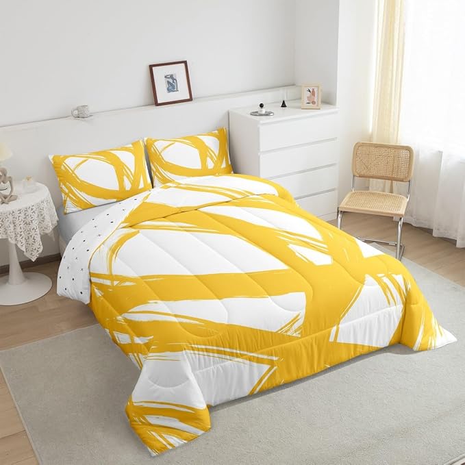 Erosebridal Yellow and White Striped King Bedding Set for Kids Teens Adults, Geometric Striped Comforter Set for Minimalists,Graffiti Aesthetic Lines Duvet Insert,Contemporary Boho Modern Art Quilt