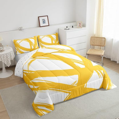 Erosebridal Yellow and White Striped King Bedding Set for Kids Teens Adults, Geometric Striped Comforter Set for Minimalists,Graffiti Aesthetic Lines Duvet Insert,Contemporary Boho Modern Art Quilt