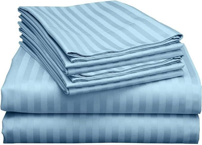 Mattress-Homes 6 Piece Cal-King Sheet Set, Hotel Luxury Collection, 100% Egyptian Cotton, 18 Inch Deep Pocket Fitted Sheet, Soft & Cool, Breathable Bedding with 4 Pillowcases in Light Blue Stripe