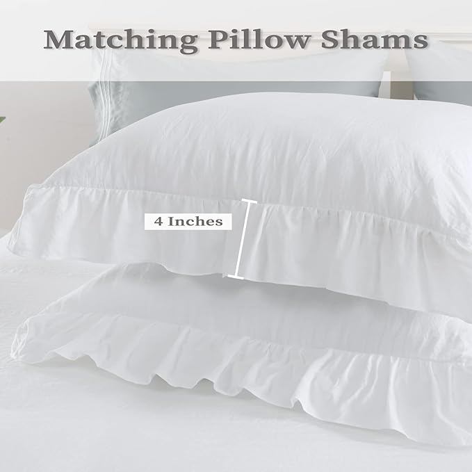 White Ruffled Duvet Cover Twin, 2PCS Soft Washed Microfiber Vintage French Country Duvet Cover Set for Kids Girls, White, 68x90 in