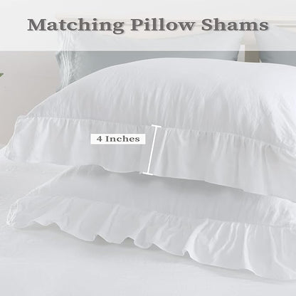 CAROMIO White Ruffle Duvet Cover Queen Size, 3PCS Soft Washed Microfiber Vintage French Country Duvet Cover Set for Queen Bed, White, 90x90 in