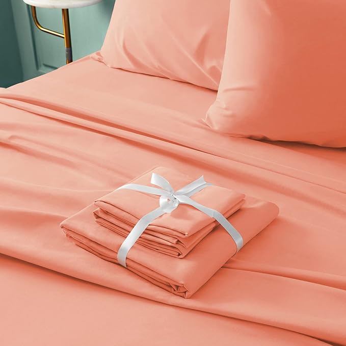 BYSURE 6 Pieces Bed Sheets Set(Queen, Coral) - Super Soft 1800 Thread Count 100% Microfiber Sheets with Deep Pockets, Wrinkle & Fade Resistant
