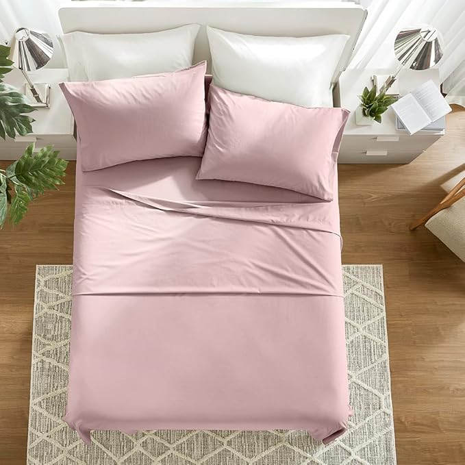 Comfort Spaces 100% Cotton Sheets Full, Breathable & Ultra Soft Cotton Sheets, Naturally Cool Cotton Bed Sheets with 14" Elastic Pocket Fits up to 16" Mattress, All Seasons Sheet Set, Pink 4 Piece