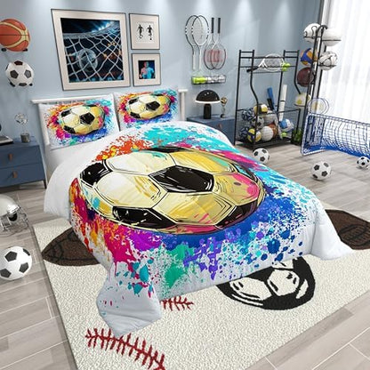 Castle Fairy Soccer Comforter Set Twin Size,Watercolor Tie-dye Duvet Insert for Kid Teen Boys Girls Room Decor,Sports Game Quilted Duvet,Colorful Graffiti Hip Hop Quilt Cover with 1 Pillowcase