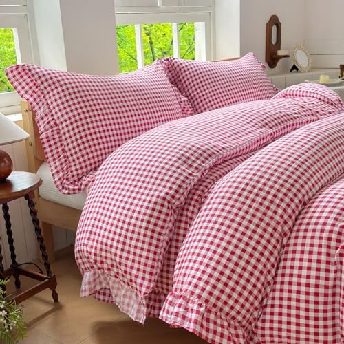 NSNLGSGC Red Gingham Ruffle Queen Duvet Cover