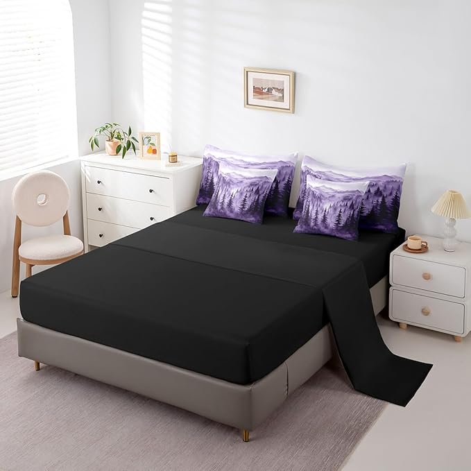 Erosebridal Purple Forest 7 Piece Comforter Set Queen,Rustic Woodland Pine Tree Bedding Set with Sheets,Jungle Smoky Mountain Bed in A Bag for Adults Women Men Retro Natural Landscape Bed Set