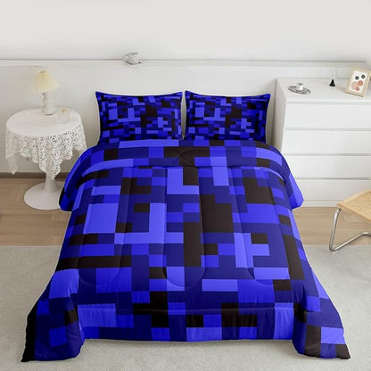 Pixelated Blocks Comforter Set Full Size,Army Camouflage Miners Game Kids Bedding Set,Geometric Grid Patchwork Quilt Comforter,Black Dark Blue Duvet Insert,2 Pillowcases