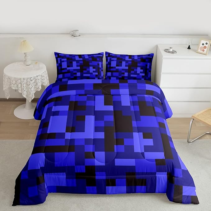 Manfei Pixelated Blocks Bedding Set Twin Size, Army Camouflage Miners Game Comforter Set，Geometric Grid Patchwork Quilt Comforter Boys Teens,Black Dark Blue Room Decor All Season,1 Pillowcase