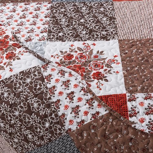 HoneiLife Quilt Set Queen Size - 3 Piece Microfiber Bedspread Reversible Coverlet Patchwork Bedding Set Lightweight Bedcover Floral Bedspreads All Season Quilts-Amaranth Red