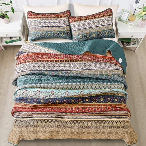 WONGS BEDDING Boho Queen Quilt Bedding Set, 3 Pieces Bedspread,Brown Green