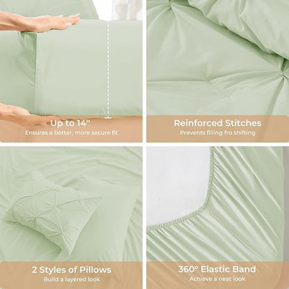 Sasttie California King Comforter Set, 7-Piece Bed in a Bag, Pintuck Bedding Sets for All Season, Includes Comforter, Flat Sheet, Fitted Sheet, Pillowcases and Pillowshams, Mint