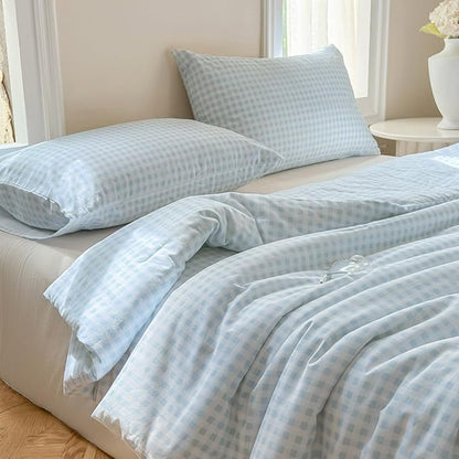 NSNLGSGC Light Blue Gingham Cotton Comforter Set King, 100% Washed Cotton Blue Plaid Checked Comforter Bedding, 3 Pieces Vintage Farmhouse Grid Bedding Set(Light Blue Gingham, King)