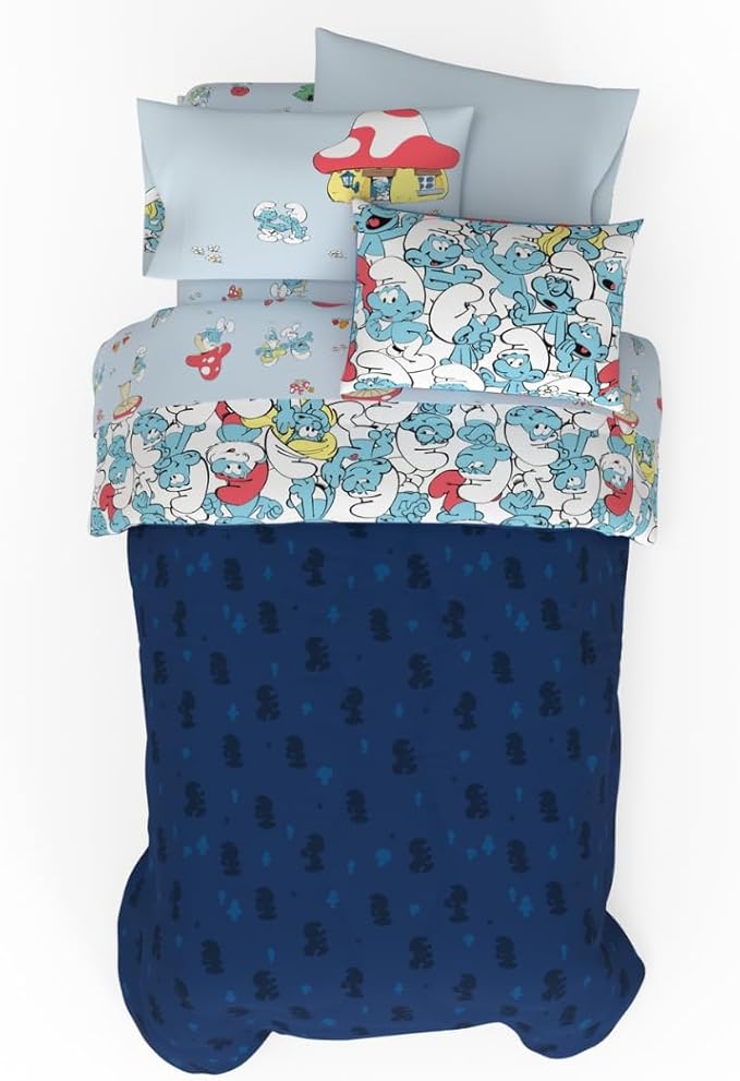 The Smurfs Kids Bedding Super Soft & Cozy Reverisble Microfiber Comforter and Sheet Set with Sham, 5 Piece Twin Size, (Officially Licensed Product) By Franco