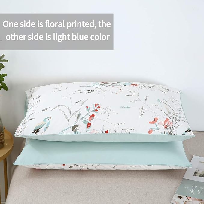 WINLIFE 100% Cotton Pillowcases King Set of 2, Floral Birds Printed on White King Pillow Cases 2, Soft and Envelope Pillow Case (King Size, 20x36 inches)